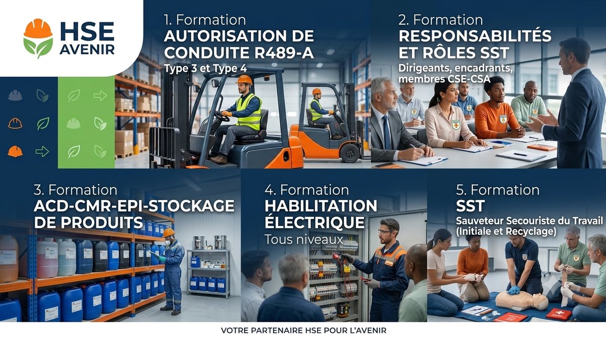 Les formations HSE Avenir : autorisation de conduite R489 type 3 et 4, responsabilités et rôles SST, risque chimique ACD-CMR-EPI, habilitation électrique, sauveteur secouriste du travail SST